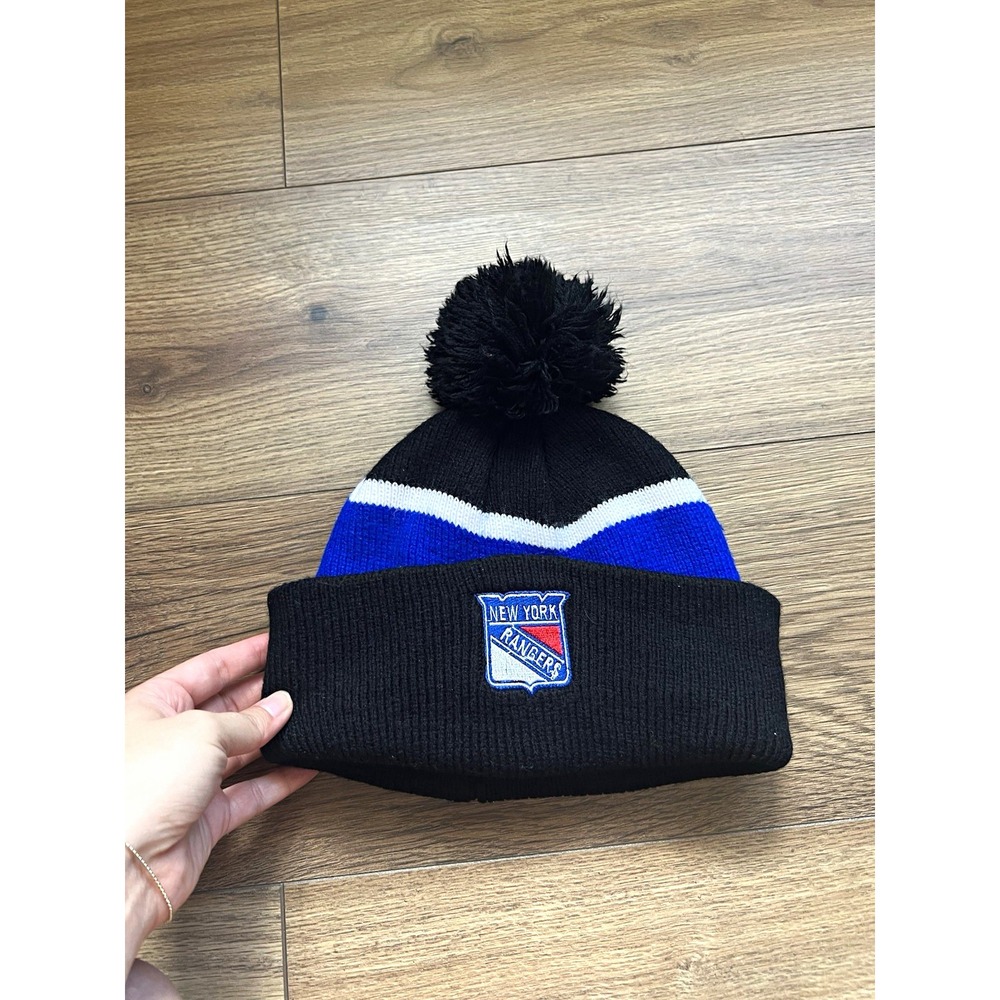 Fanatics New York Rangers NHL Cuffed Knit Pom Beanie Hat Black Royal Blue White